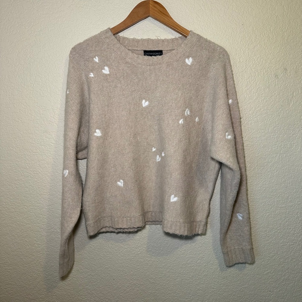 Cynthia Rowley Womens L Knit Sweater‎ Cream Crew Neck Embroidered Hearts Boho